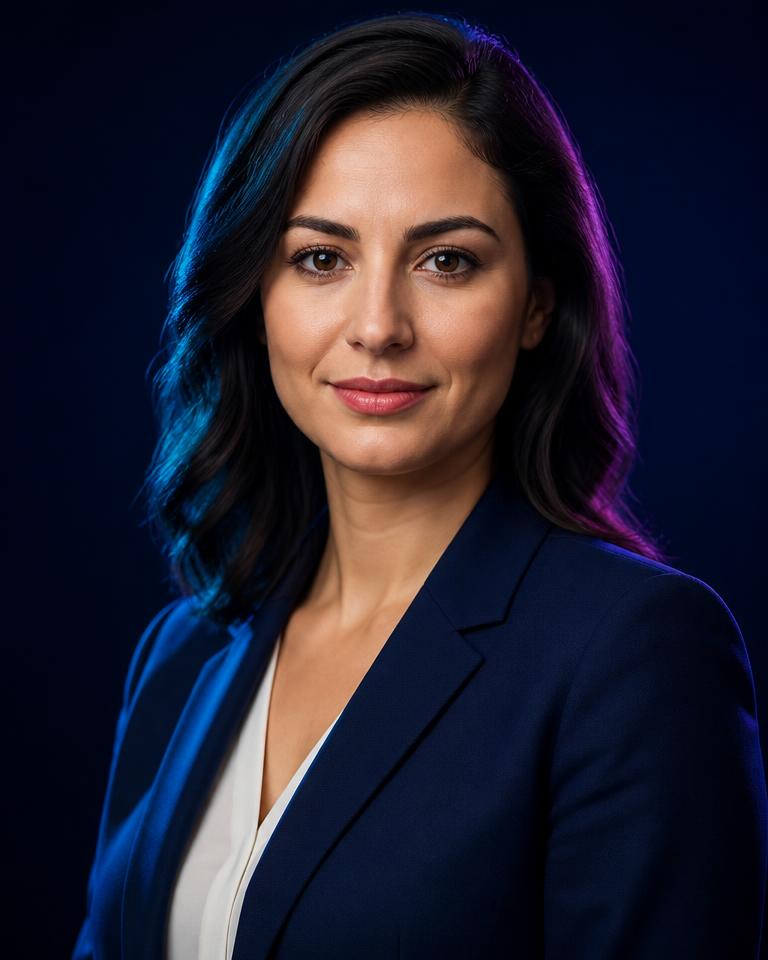 AI Inside Salesperson — photorealistic portrait of an AI Employee in a navy blazer