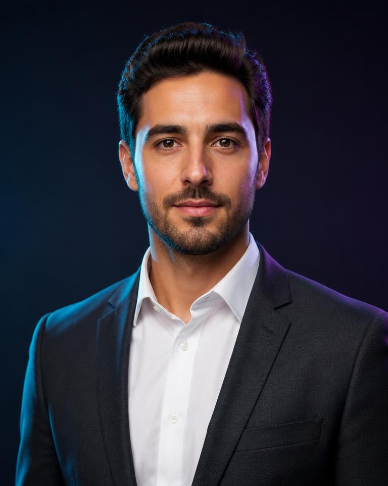 AI Sales Assistant — photorealistic portrait of a male AI Employee in a charcoal suit