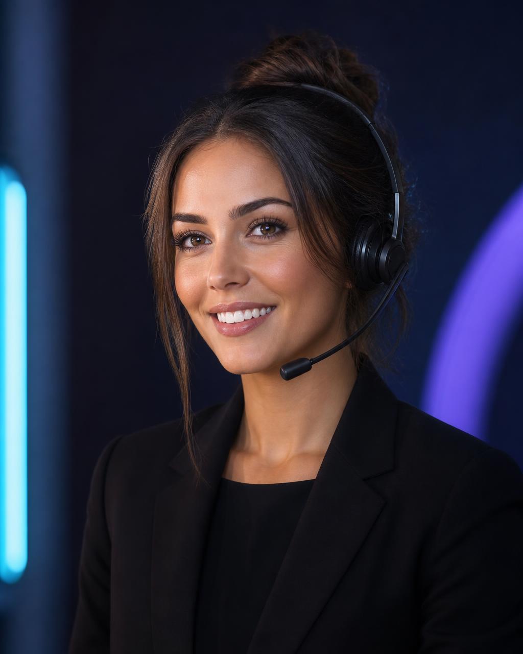 Agentic Employee — AI Voice Receptionist, photorealistic portrait of a female AI Employee wearing a headset in business attire